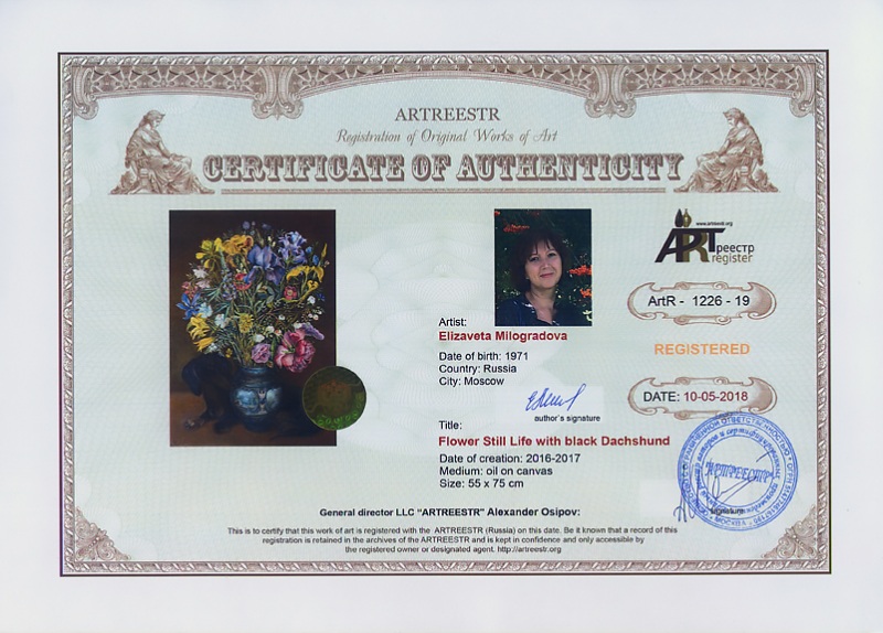 Flower Sill Life with black Dachshund